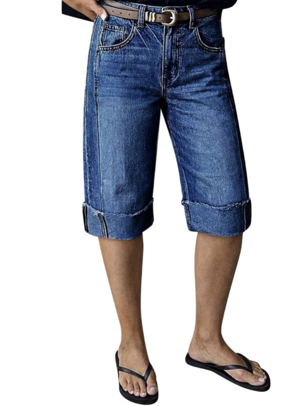 Flamingals Womens Straight Leg Mid Rise Bermuda Denim Shorts L